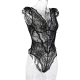 Women's Black Lace Deep V Neck Sexy Bodysuit
