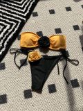 Color Block Rose Strapless Lace-Up Two Pieces Bikini Swimsuit