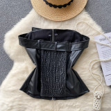 Women Sexy Strapless Pu-Leather Crop Top