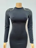 Women Half Turtle Neck Long Sleeve Solid Rhinestone Backless Slit Dress