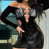 Women Off Shoulder Sleeve Sexy Ripped Mesh Pearl Lace Dress