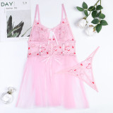 Women Heart Print Lace Lace-Up cross stitch mesh See-Through sexy suspender nightgown two-piece set