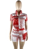 Women's Summer Fashion Flower Print Zipper Loose Casual Two Piece Shorts Set