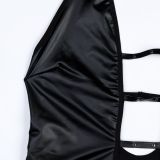 Women Black Pu-Leather Metal Hollow Halter Neck Suspender Nightdress Sexy Lingerie