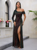 Women's Sexy Sequined Long Dress High Slit Slash Shoulder Chic Evening Gown