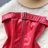 Women Sexy Strapless Pu-Leather Crop Top