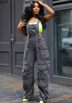 Women Loose Denim Pocket Jumpsuit
