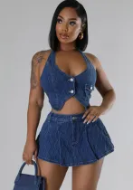 Women Halter Neck Button Washed Sleeveless Top and Skrit Stretch Casual Denim Two-piece Set