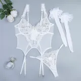 Women Leg Socks Flower Embroidered Sexy Lingerie Three-Piece