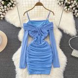 Women sexy off-the-shoulder Strapless pleated Bodycon Mesh dress