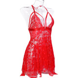Women Sexy Heart Print Mesh Irregular Pearl Backless Suspender Nightgown Sexy Lingerie