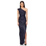 Women's One-Shoulder Sleeveless Sequined Slit Evening Party Dress