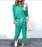 Women Loose Solid Long Sleeve Top and Pant Casual Two-piece Set