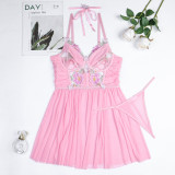 Women Flower Embroidered Butterfly Hollow Mesh Patchwork Sling Nightgown Three-Piece