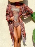 Women Retro Print Shiny One-piece Hollow Swimsuit Long Sleeve Sun Protection Cover-Up Two-piece Set