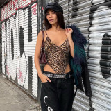 Women's Summer Leopard Print Sexy V-Neck Strap Low Back Bodysuit