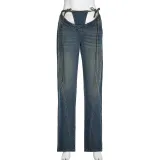 Women's High Waist V-Shaped Lace-Up Loose Straight Versatile Denim Trousers