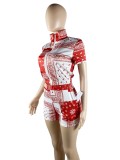 Women's Summer Fashion Flower Print Zipper Loose Casual Two Piece Shorts Set