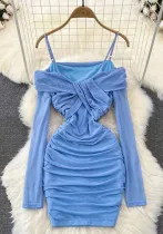 Women sexy off-the-shoulder Strapless pleated Bodycon Mesh dress