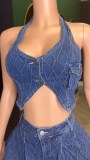 Women Halter Neck Button Washed Sleeveless Top and Skrit Stretch Casual Denim Two-piece Set