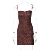Women's Summer Fashion Leopard Printed Side Slit Strap Dress