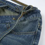Women's High Waist V-Shaped Lace-Up Loose Straight Versatile Denim Trousers