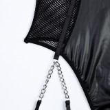 Women Pu-Leather Patchwork Grid Hollow See-Through Chain Jumpsuit Sexy Lingerie