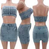 Fashionable Women's Clothing Beaded Strapless Stretch Denim Two Piece Skirt Set
