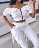 Women white Off Shoulder short-sleeved patch pocket Top and trousers two-piece set