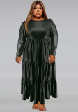 Plus Size Women Pu-Leather Round Neck Long Sleeve Cake Dress
