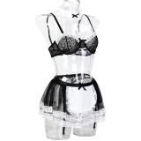 Women black and white lace contrasting color multi-layered lace sexy uniform maid fishnet stockings Sexy Lingerie Set
