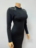 Women Half Turtle Neck Long Sleeve Solid Rhinestone Backless Slit Dress