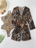 Women Retro Print Shiny One-piece Hollow Swimsuit Long Sleeve Sun Protection Cover-Up Two-piece Set