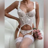 Women Leg Socks Flower Embroidered Sexy Lingerie Three-Piece