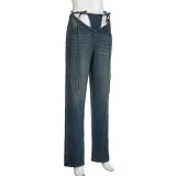 Women's High Waist V-Shaped Lace-Up Loose Straight Versatile Denim Trousers