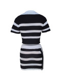Women's Turndown Collar Short-Sleeved Striped Color-Blocking Knitting Top Slim Mini Skirt Two-Piece Set