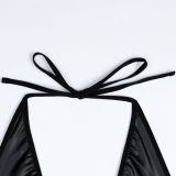 Women Black Pu-Leather Metal Hollow Halter Neck Suspender Nightdress Sexy Lingerie