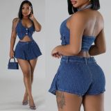 Women Halter Neck Button Washed Sleeveless Top and Skrit Stretch Casual Denim Two-piece Set