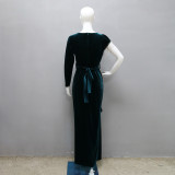 Women chain fringed velvet Dress with belt