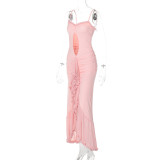 Summer Women's Sexy Hollow Mesh Lace Irregular Strap Dress