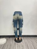 Washed Low-Rise Zippered Pocket Cargo Stretch Denim Pants