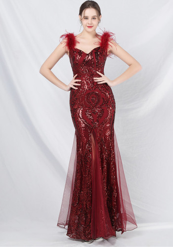 luxury feather mesh sequin long dress
