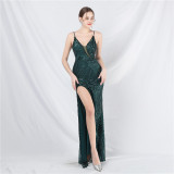luxury beaded sequin mesh See-Through strap long evening dress