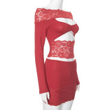 Women's Summer Lace Patchwork Off Shoulder Hollow Top Stretch Skirt Set