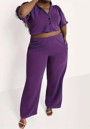 Stylish Casual Plus Size Solid Color short sleeve Two-piece pants Set