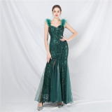 luxury feather mesh sequin long dress