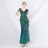 luxury beaded sequins long A-line evening dress