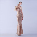 Luxury Sequin Slash shoulder Sleeveless Mermaid Plus Size Formal Party Evening Dress