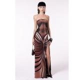 Women Sexy Backless Printed Strapless Slit Lace-Up Dress