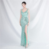 elegant luxury beaded sequin slit long evening dress